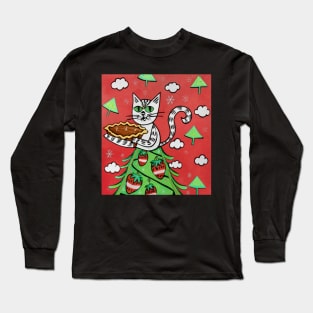 cat on Christmas tree holding pumpkin pie Long Sleeve T-Shirt